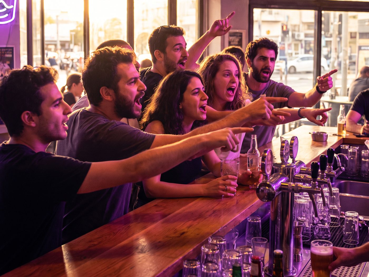 A crowded bar counter on a busy night