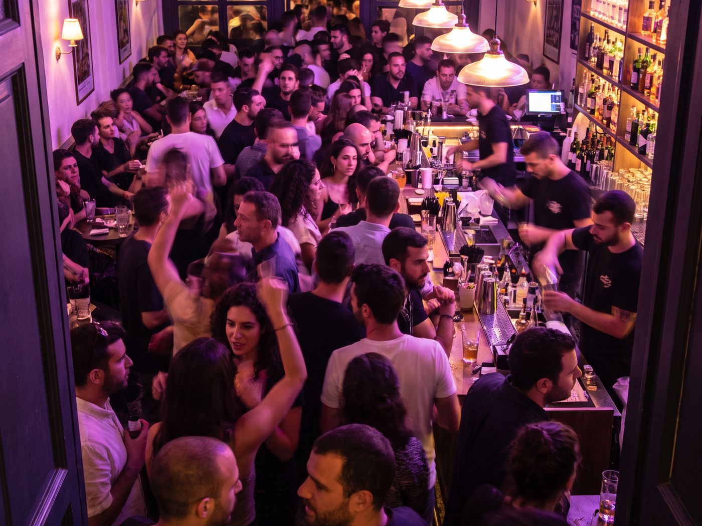A packed bar seen from the doorway, dozens of people between the door and the counter