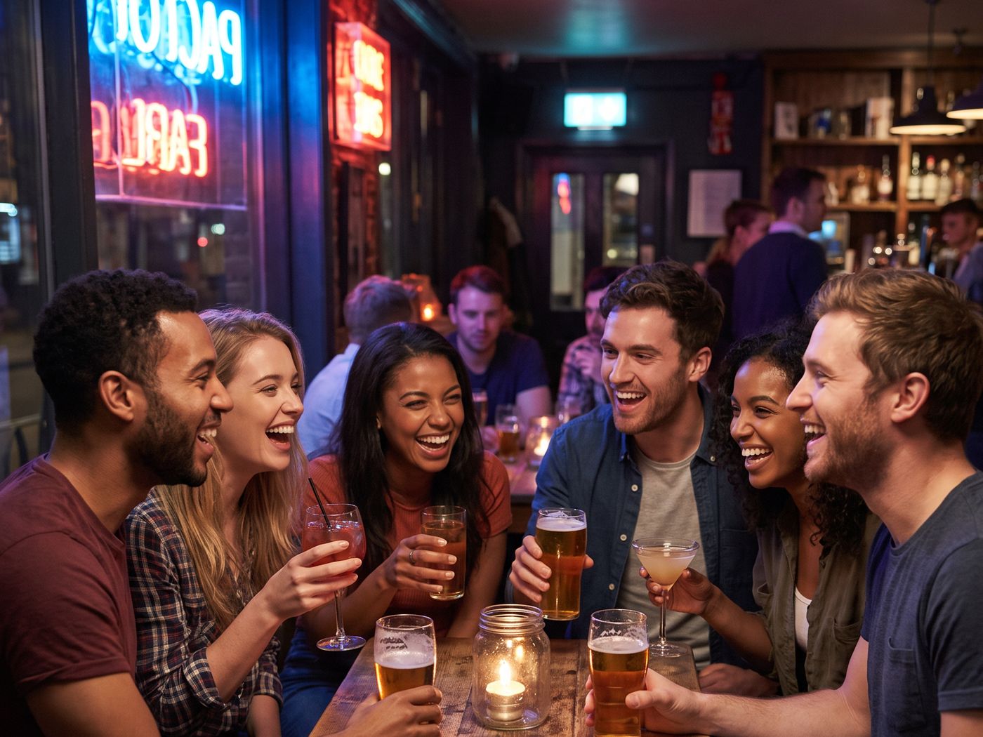 A group of friends laughing around a wooden table in a bar