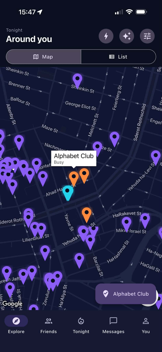 Around you: The map of tonight, with every venue coloured by how busy it is.