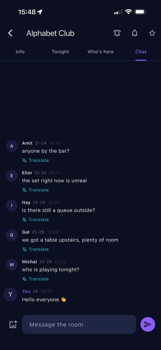 The venue chat: One room for everyone inside tonight, with translation built in.