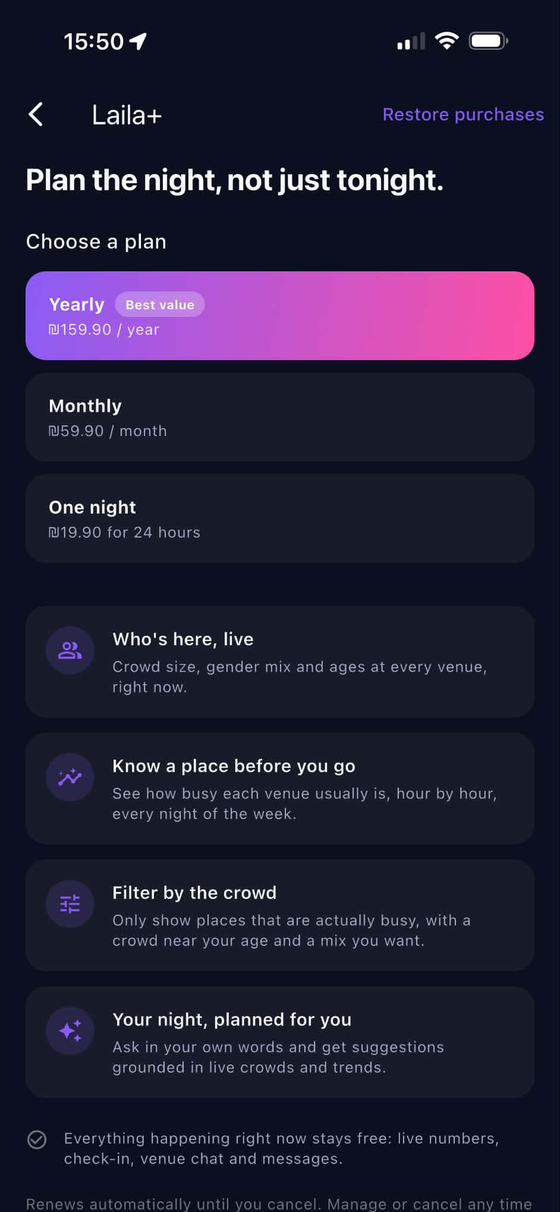 Laila+: Monthly, yearly, or one night. Everything live stays free.