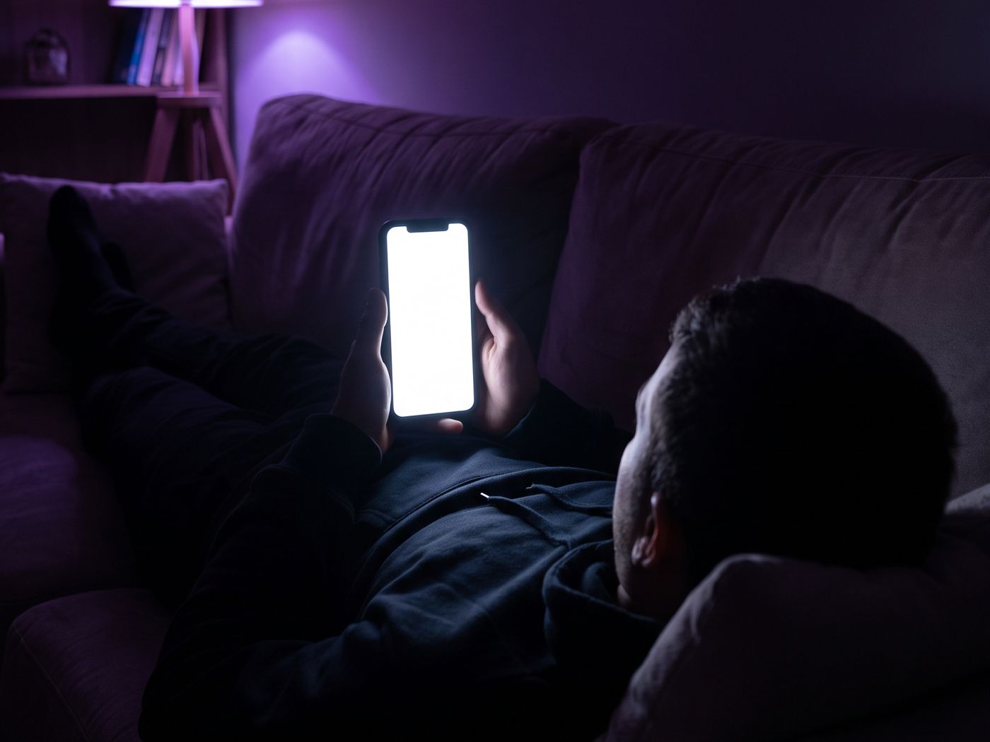 Someone lying on a sofa in a dark room, face lit by a phone screen