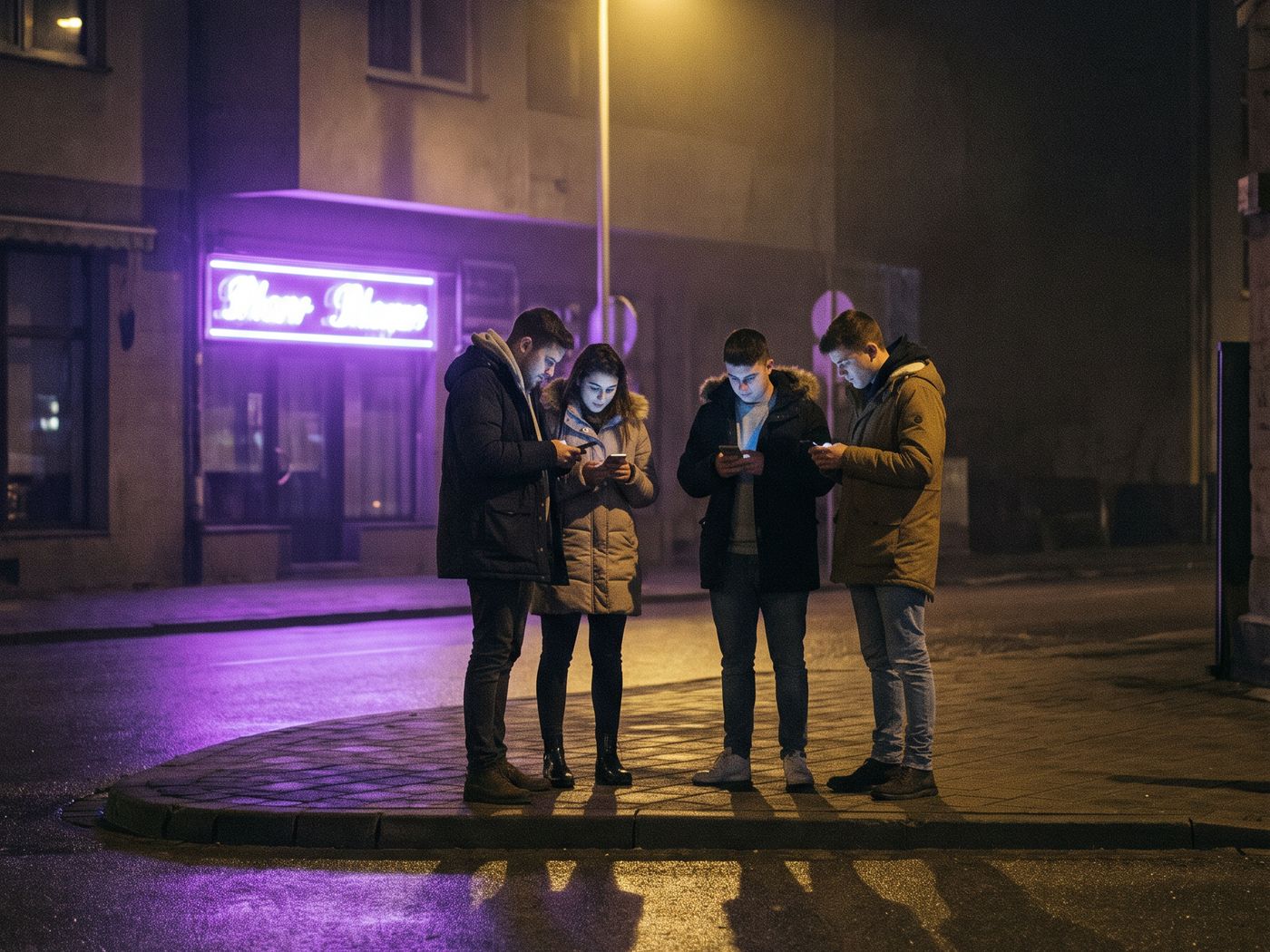 Four friends standing under a streetlight on a dark corner, each looking at their phone