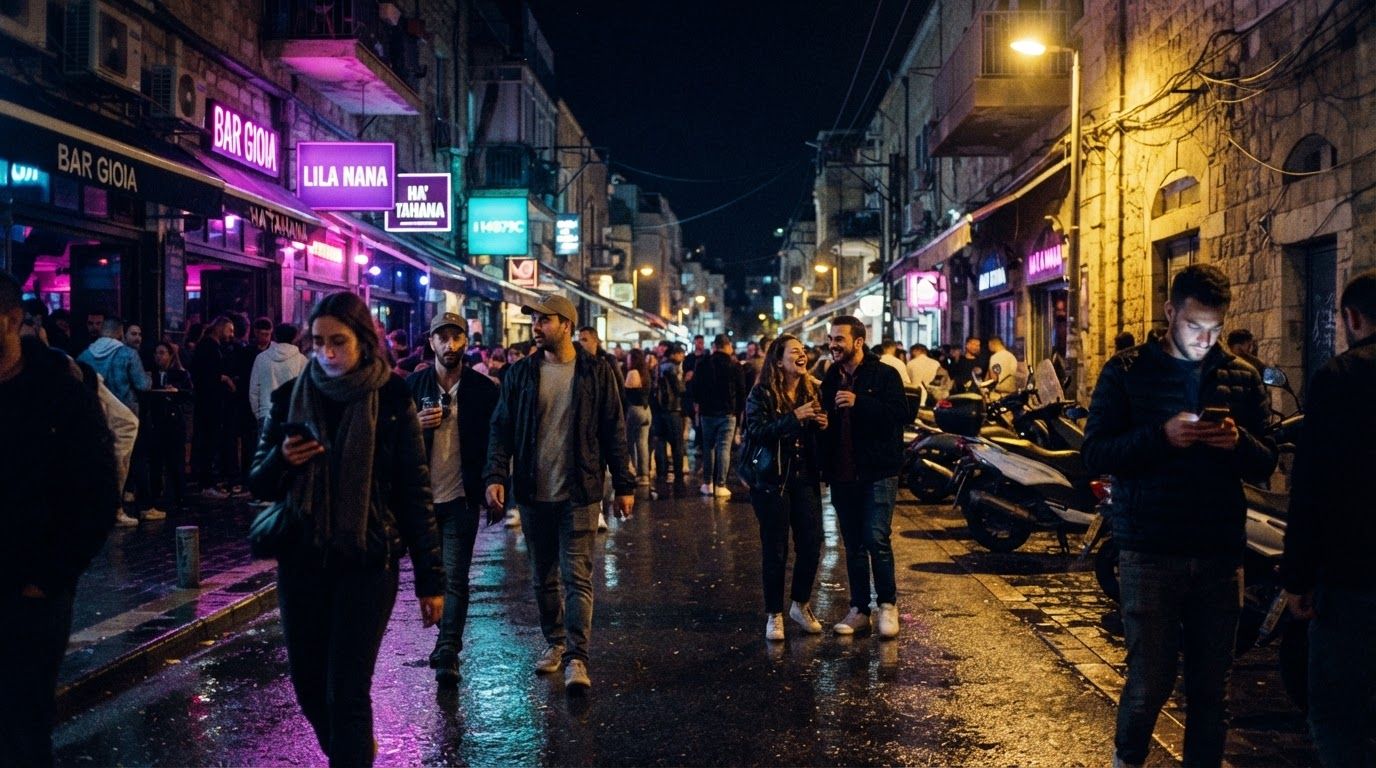 A busy Tel Aviv street at night, wet after rain, lit by bar neon and streetlights