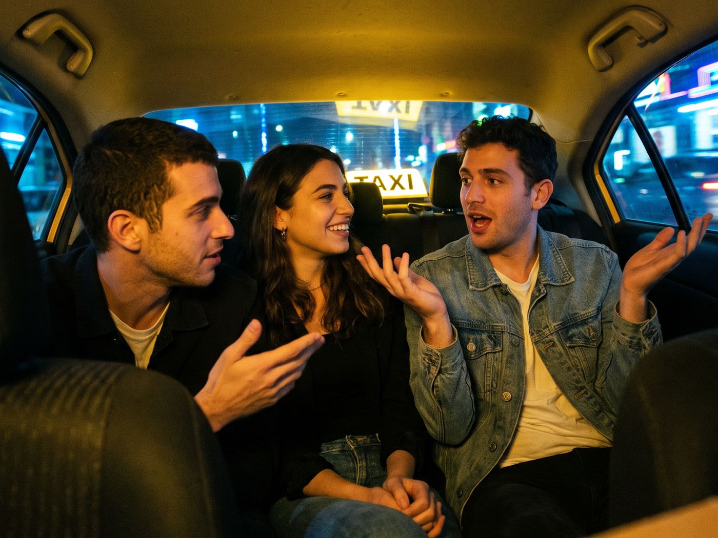 Three friends in the back seat of a taxi at night, deciding where to go